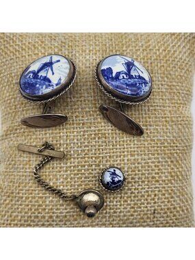 VTG Delft Blue Sterling Cufflinks Tie Tack Dapper Estate Jewelry preppy Dutch